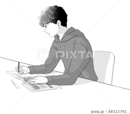 勉強する若い男性　モノクロ 88322761