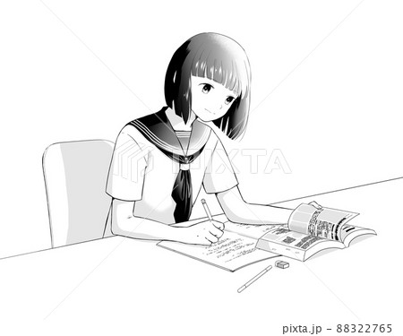 勉強する半そでセーラー服の女子学生　モノクロ 88322765