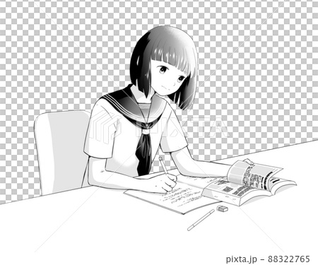 勉強する半そでセーラー服の女子学生　モノクロ 88322765