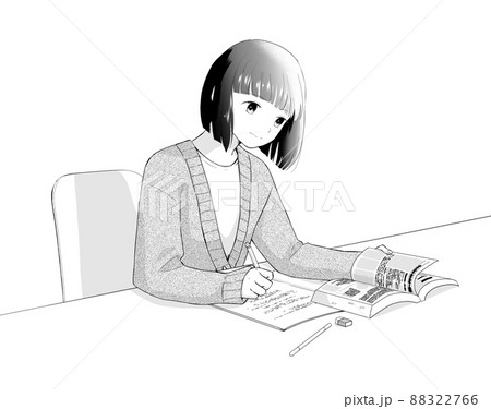 勉強する若い女性　モノクロ 88322766