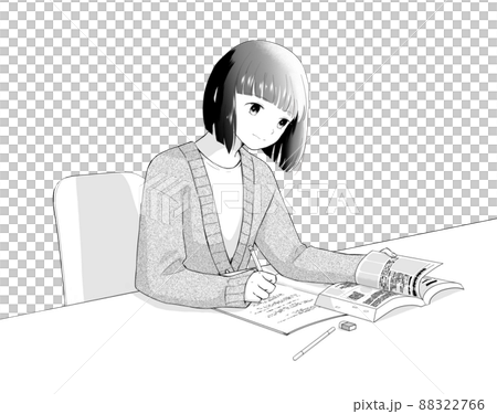 勉強する若い女性　モノクロ 88322766