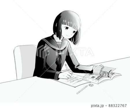 勉強するセーラー服の女子学生　モノクロ 88322767