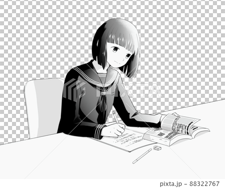 勉強するセーラー服の女子学生　モノクロ 88322767