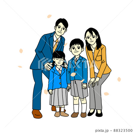 白を背景に入学式や卒業式に家族で撮る記念写真_男の子_女の子_兄_妹_カラートーン 88323500