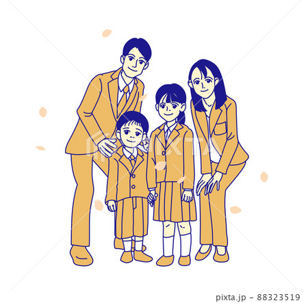 白を背景に入学式や卒業式に家族で撮る記念写真_男の子_女の子_姉_弟_オレンジトーン 88323519