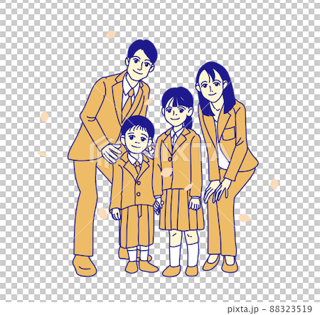 白を背景に入学式や卒業式に家族で撮る記念写真_男の子_女の子_姉_弟_オレンジトーン 88323519