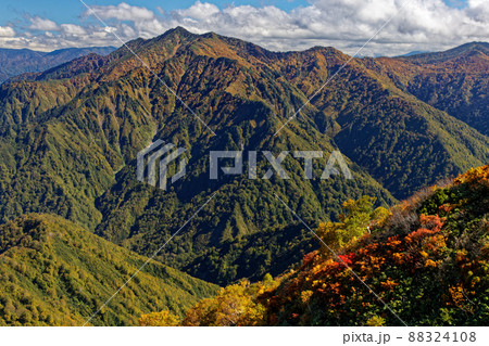 紅葉の越後駒ヶ岳稜線から見る荒沢岳 紅葉の越後駒ヶ岳稜線から見る荒沢岳 88324108
