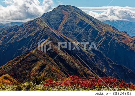越後駒ヶ岳稜線から見る紅葉の中ノ岳 越後駒ヶ岳稜線から見る紅葉の中ノ岳 88324302
