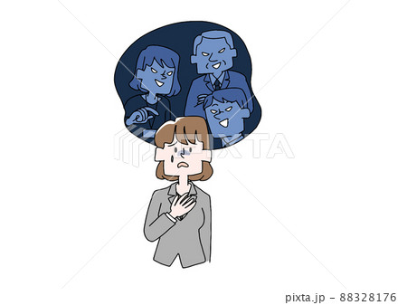 職場の人間関係に不安を抱えるビジネスウーマン　コミカルな手書きの人物　ベクター、線画にカラー 88328176