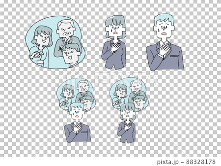 A set of businessmen who feel uneasy about the relationships in the workplace Comical handwritten person Vector, color on line drawing 88328178