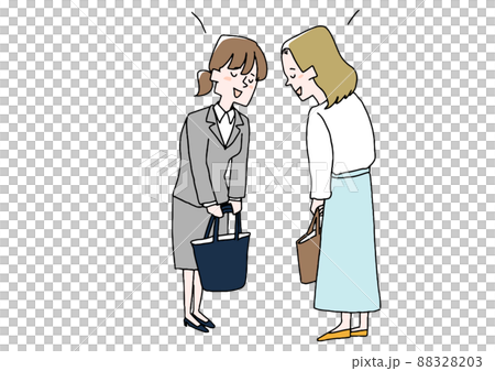 Business woman bowing to each other Comical handwritten person Vector, line drawing and color 88328203