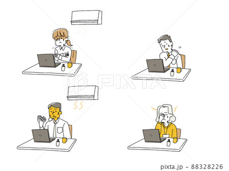 職場の環境でおこる健康上の問題のセット　コミカルな手書きの人物　ベクター、線画にカラー 88328226