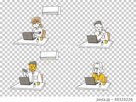 職場の環境でおこる健康上の問題のセット　コミカルな手書きの人物　ベクター、線画にカラー 88328226