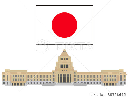 国会議事堂の外観全景と日本国旗のイラスト素材 8646