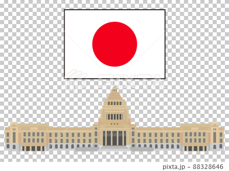 国会議事堂の外観全景と日本国旗 88328646