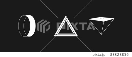 Set of retrowave design elements. Unreal ring, triangle, Linear style inverted pyramid with little stars. Pack of retrowave 1980s style design elements. Vector 88328856