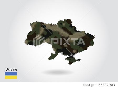 Ukraine map with camouflage pattern, Forest - green texture in map. Military concept for army, soldier and war. coat of arms, flag. Ukraine map with camouflage pattern, Forest - green texture in map. Military concept for army, soldier and war. coat of arms, flag. 88332903