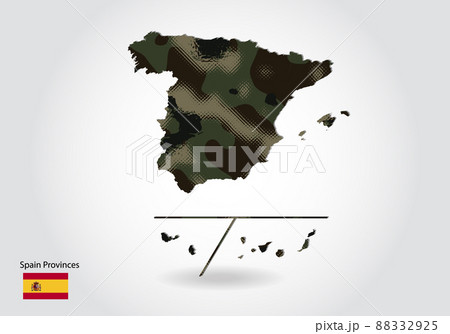 spain Provinces map with camouflage pattern, Forest - green texture in map. Military concept for army, soldier and war. coat of arms, flag. spain Provinces map with camouflage pattern, Forest - green texture in map. Military concept for army, soldier and war. coat of arms, flag. 88332925