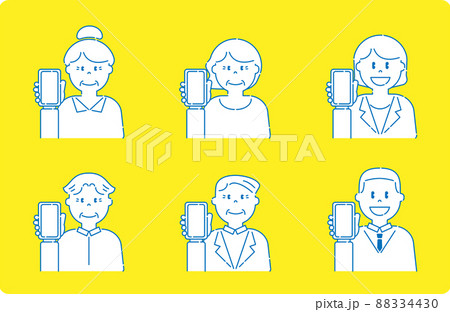 スマートフォンを持っているいろいろな人7　高齢者と若者　線画 88334430
