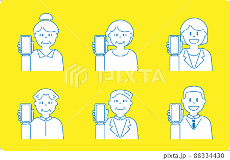 スマートフォンを持っているいろいろな人7　高齢者と若者　線画 88334430