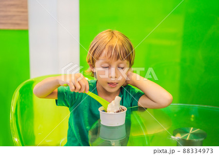 Happy young boy eating a tasty ice cream or frozen yogurt 88334973