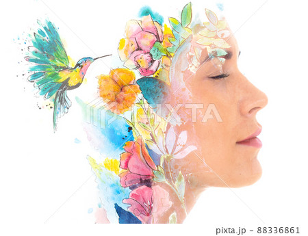 Paintography. A painting of a hummingbird combined with a portrait 88336861