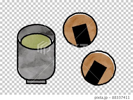 お煎餅と緑茶の水彩風イラスト お煎餅と緑茶の水彩風イラスト 88337411