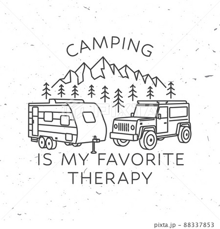 Camping is my favorite therapy. Camping quote. Vector. Concept for shirt or logo, print, stamp or tee. Vintage line art design with 3d off-road car, trailer and mountain. Camping is my favorite therapy. Camping quote. Vector. Concept for shirt or logo, print, stamp or tee. Vintage line art design with 3d off-road car, trailer and mountain. 88337853