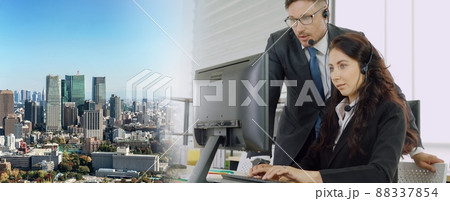 Business people wearing headset working in office broaden view 88337854