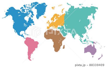 世界地図 六大州 色分け ベクターのイラスト素材 9409