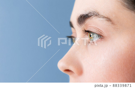 Close-up of a young female face in profile. Beautiful green eyes. Copy space. The concept of vision testing, lens wearing and ophthalmology Close-up of a young female face in profile. Beautiful green eyes. Copy space. The concept of vision testing, lens wearing and ophthalmology 88339871