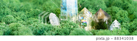 Healing crystals on brown background Healing crystals on brown background 88341038