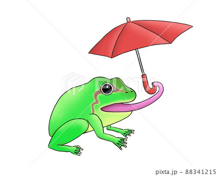 傘を差し出すカエル 右向きのイラスト素材