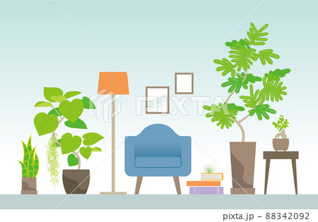 大型の観葉植物とひとりがけソファー 緑に囲まれた部屋のインテリアのイラスト素材 8492