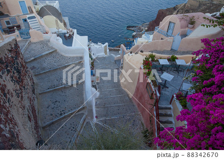 Stone wash staircases on Santorini Island, Greece. The view toward Caldera sea 88342670
