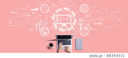 Online meeting theme with person working with laptop Online meeting theme with person working with laptop 88343331