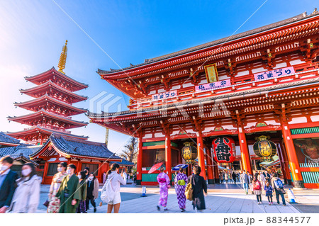 日本の東京都市景観 4月1日・春、桜の季節となり観光客でわう浅草寺（五重塔・宝蔵門）などを望む＝1日 88344577