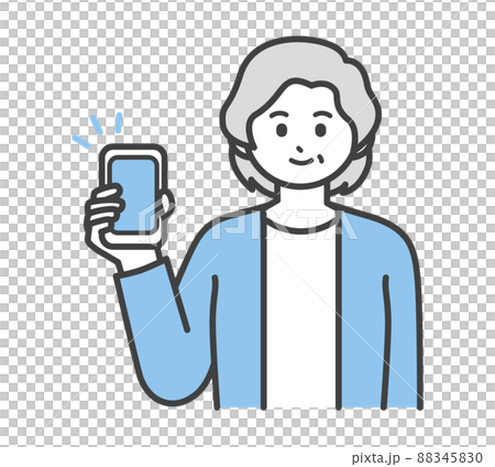 Illustration material that an elderly woman holds a smartphone with one hand 88345830