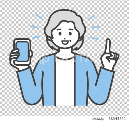 Illustration material that an elderly woman holds a smartphone with one hand 88345831