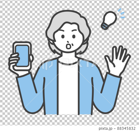 Illustration material that an elderly woman holds a smartphone with one hand 88345832