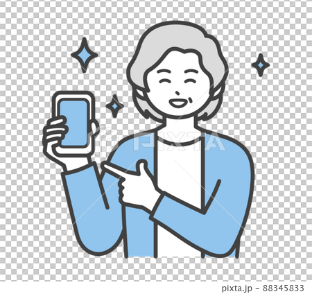 Illustration material that an elderly woman holds a smartphone with one hand 88345833