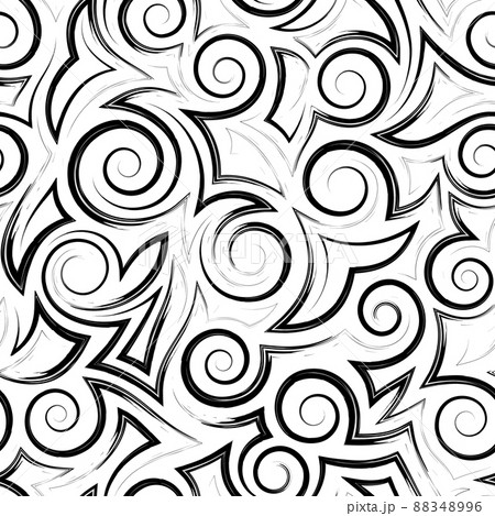 Seamless vector geometric pattern of black spirals of angles and lines isolated on a white background.Seamless vector monochrome pattern of smooth lines and abstract shapes. 88348996