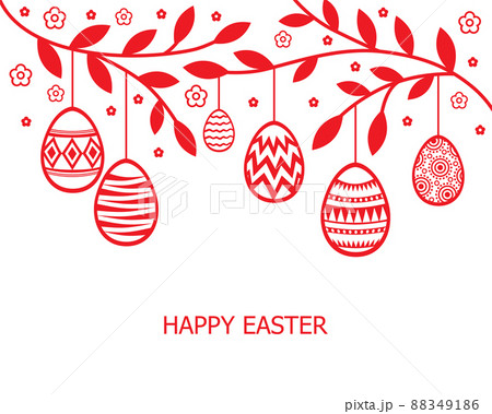 Easter  card with decorative eggs hang on branches 88349186
