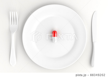 An empty dinner plate with a pill. Dietary concept. 3D illustration An empty dinner plate with a pill. Dietary concept. 3D illustration 88349202