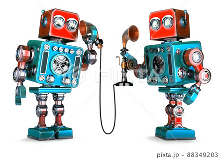 Vintage Robots having a phone conversation. 3D illustration. Isolated. Contains clipping path 88349203