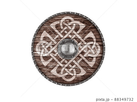 Old decorated wooden round shield isolated on white background Old decorated wooden round shield isolated on white background 88349732
