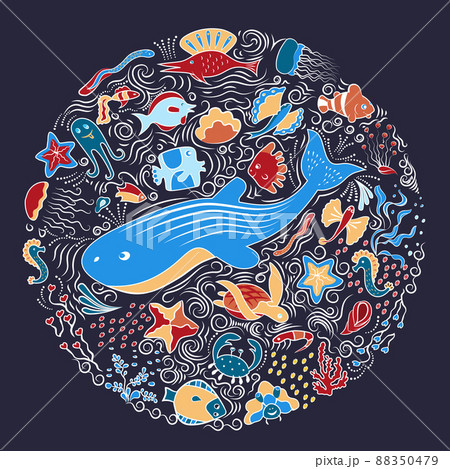 Circular ornament from sea animals, fish 88350479