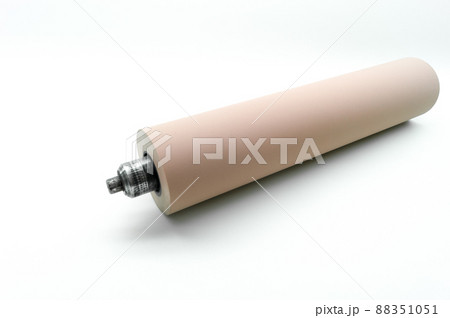 Anilox roller for flexographic printing machine. Raster cylinder for transferring ink to the printing roller. Selective focus, isolated on white Anilox roller for flexographic printing machine. Raster cylinder for transferring ink to the printing roller. Selective focus, isolated on white 88351051
