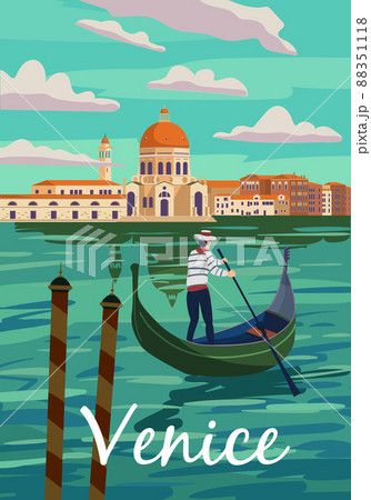Venice Italia Poster retro style. Grand Canal, gondolier, architecture, vintage card. Vector illustration postcard 88351118