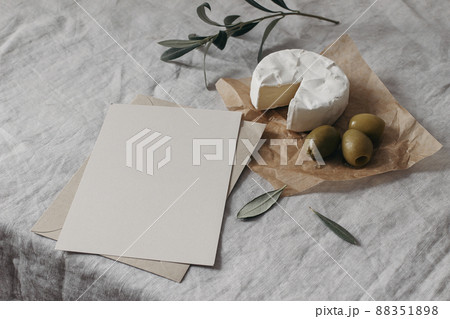 Tasty breakfast, snack still life. Blank greeting card, restaurant menu mockup. Fresh creamy camembert cheese with olive tree fruit, leaves. Grey linen table cloth background. Mediterranean food. 88351898